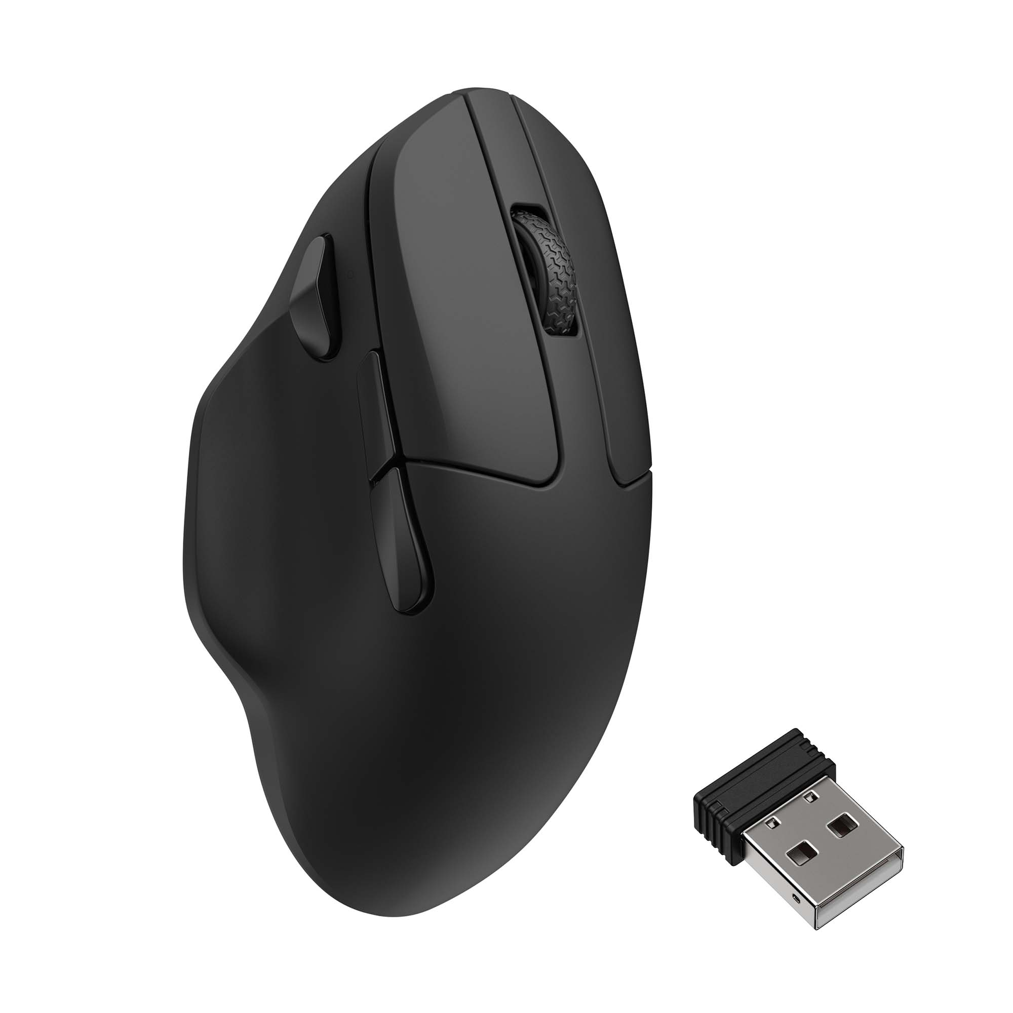Un mouse per computer wireless nero con poggiapollice e un piccolo ricevitore USB su sfondo bianco.