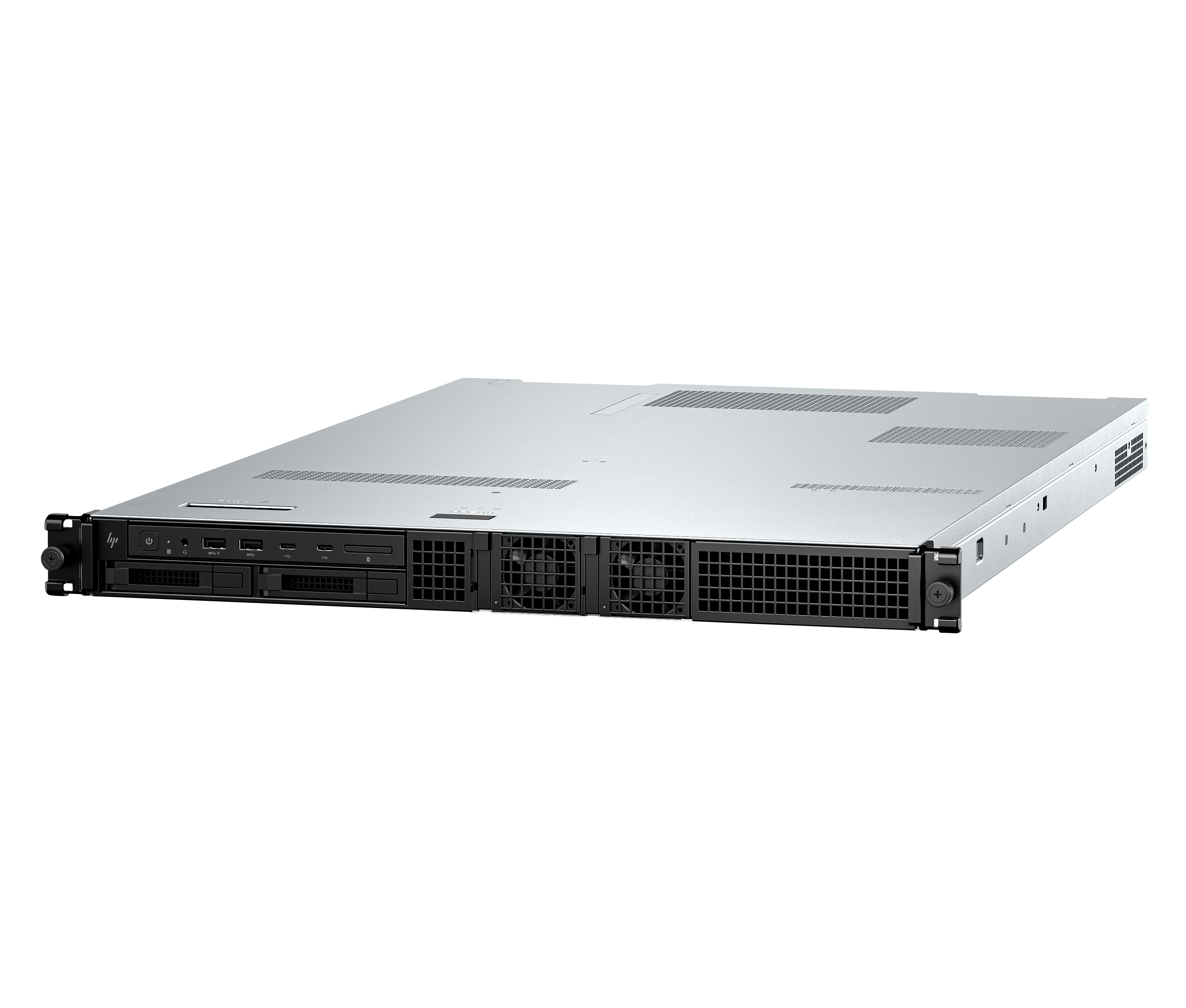 Un server per montaggio su rack argentato con pannello frontale nero, porte, ventole e vani unità su sfondo bianco.