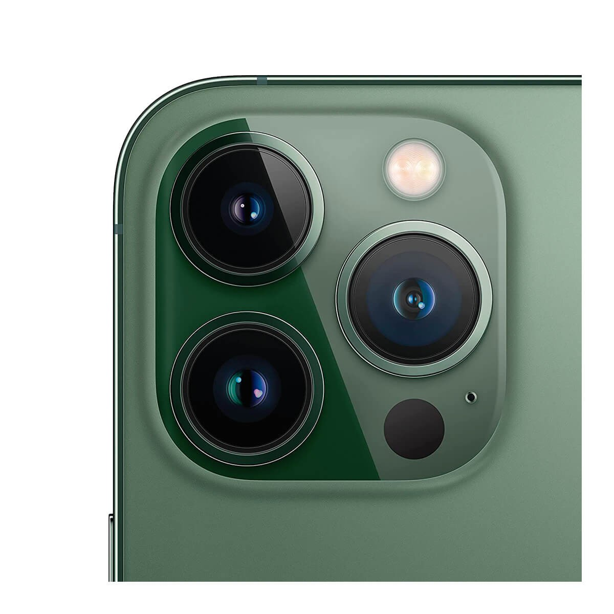Primo piano della fotocamera posteriore verde dell'iPhone con tre lenti, un flash e un microfono.