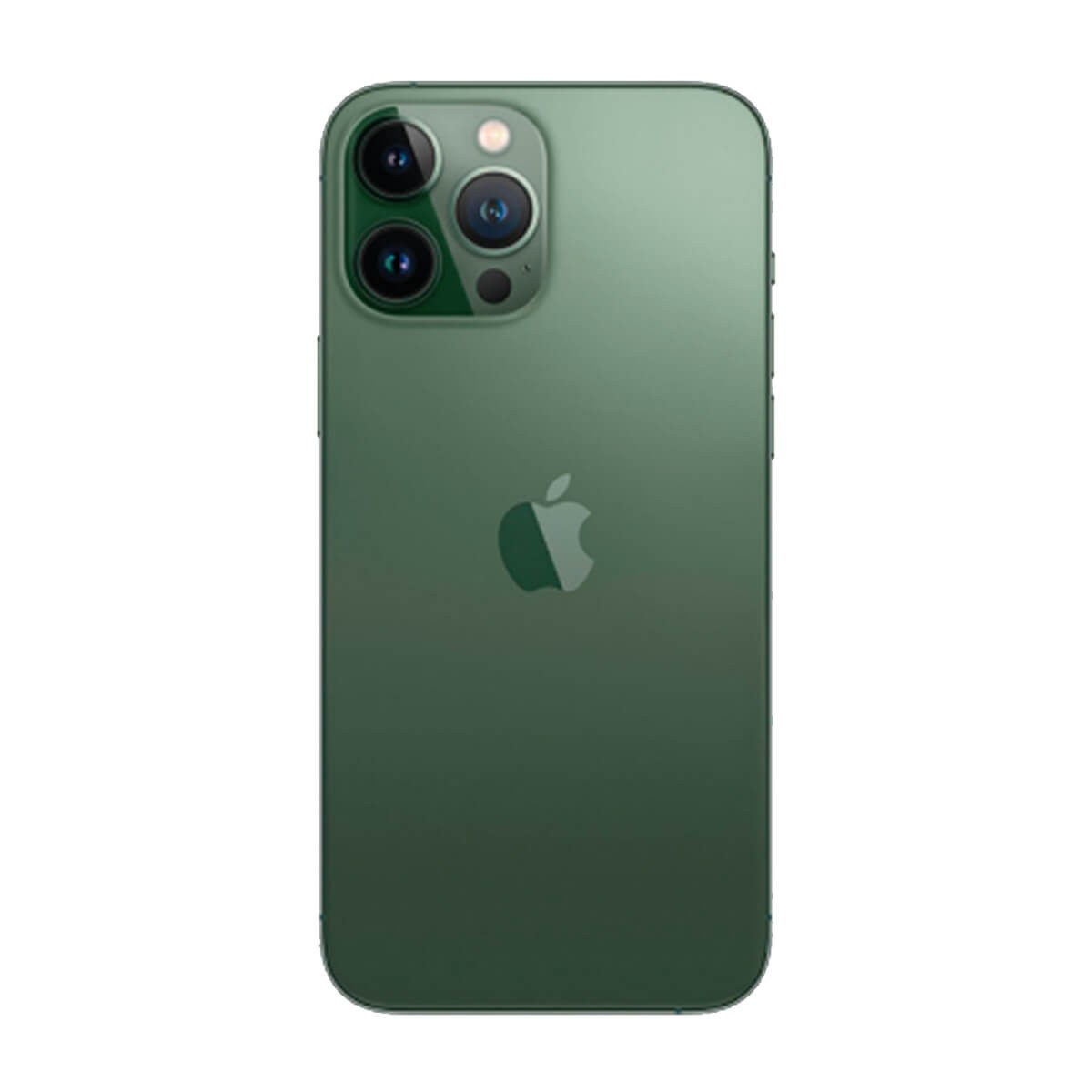 Retro di uno smartphone verde con tripla fotocamera e logo Apple al centro.