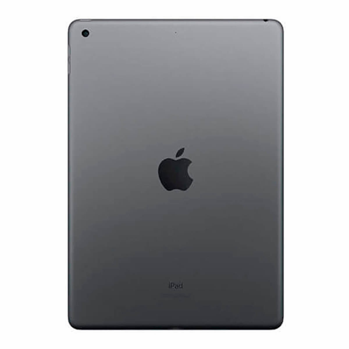 Rückseite eines grauen iPads mit Apple-Logo in der Mitte und einer Kamera oben links.
