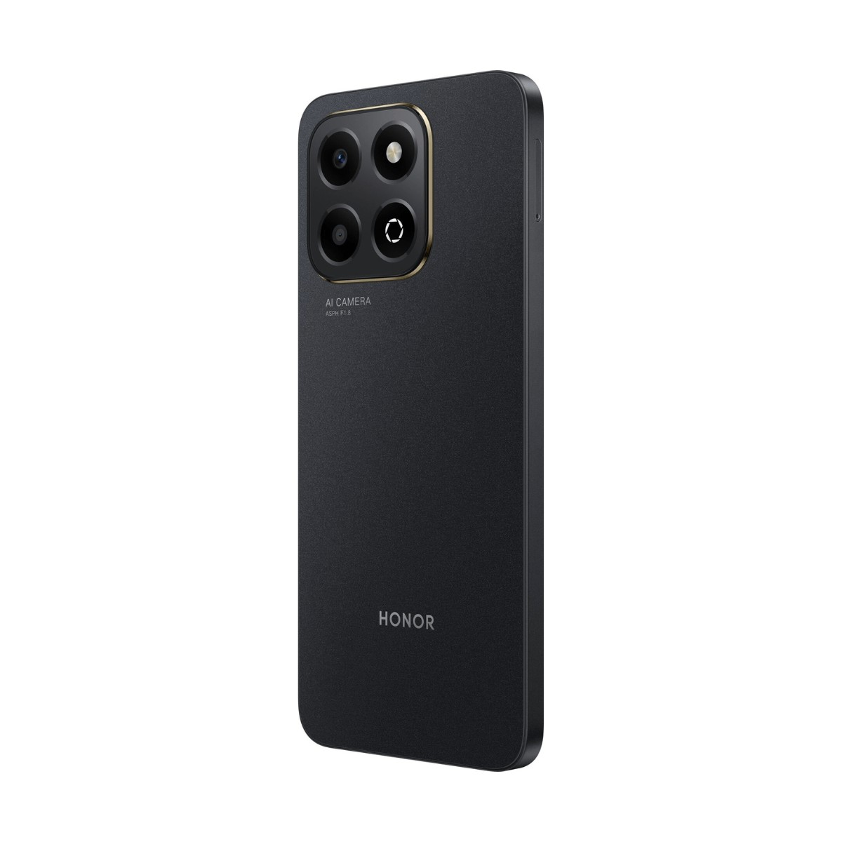 Vista posteriore di uno smartphone Honor nero con modulo a quattro fotocamere e logo su sfondo bianco.