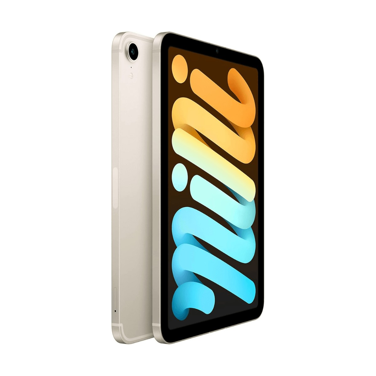 Un tablet argentato mostrato fronte e retro, con un design astratto colorato sul display e una singola fotocamera.