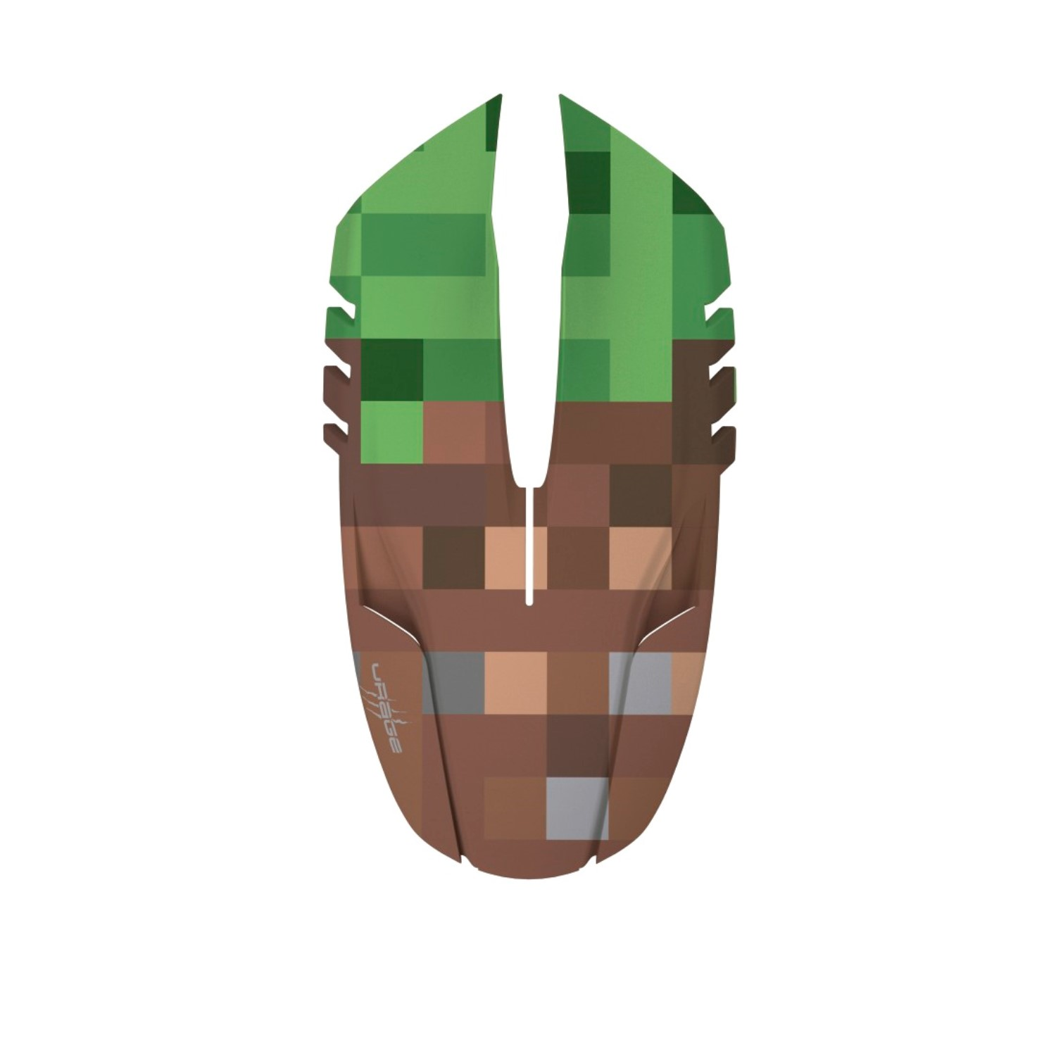 Eine Computermaus mit einem pixeligen Grün-Braunen Grasblock-Muster ähnlich Minecraft.