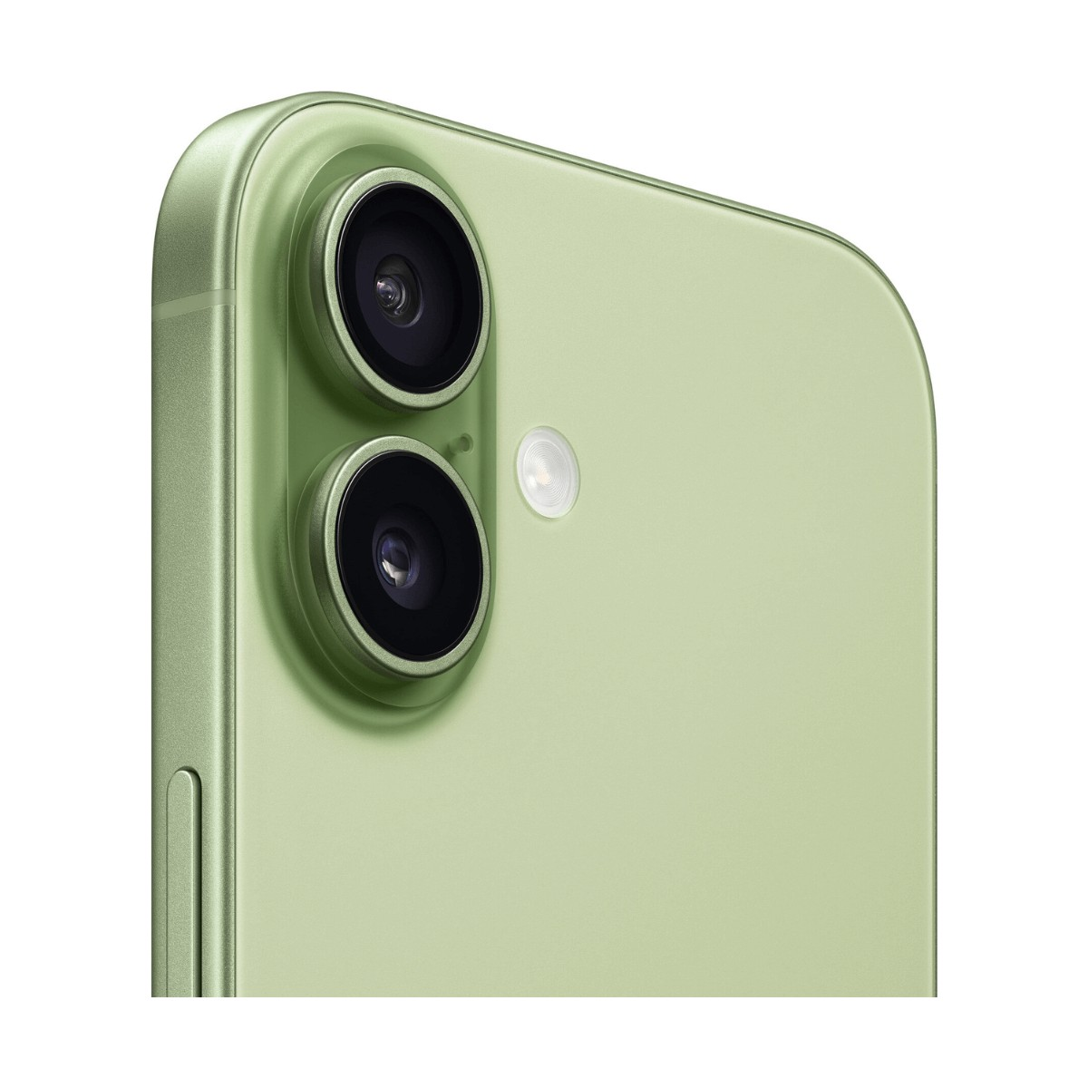 Primo piano della doppia fotocamera e del flash sul retro verde di uno smartphone.