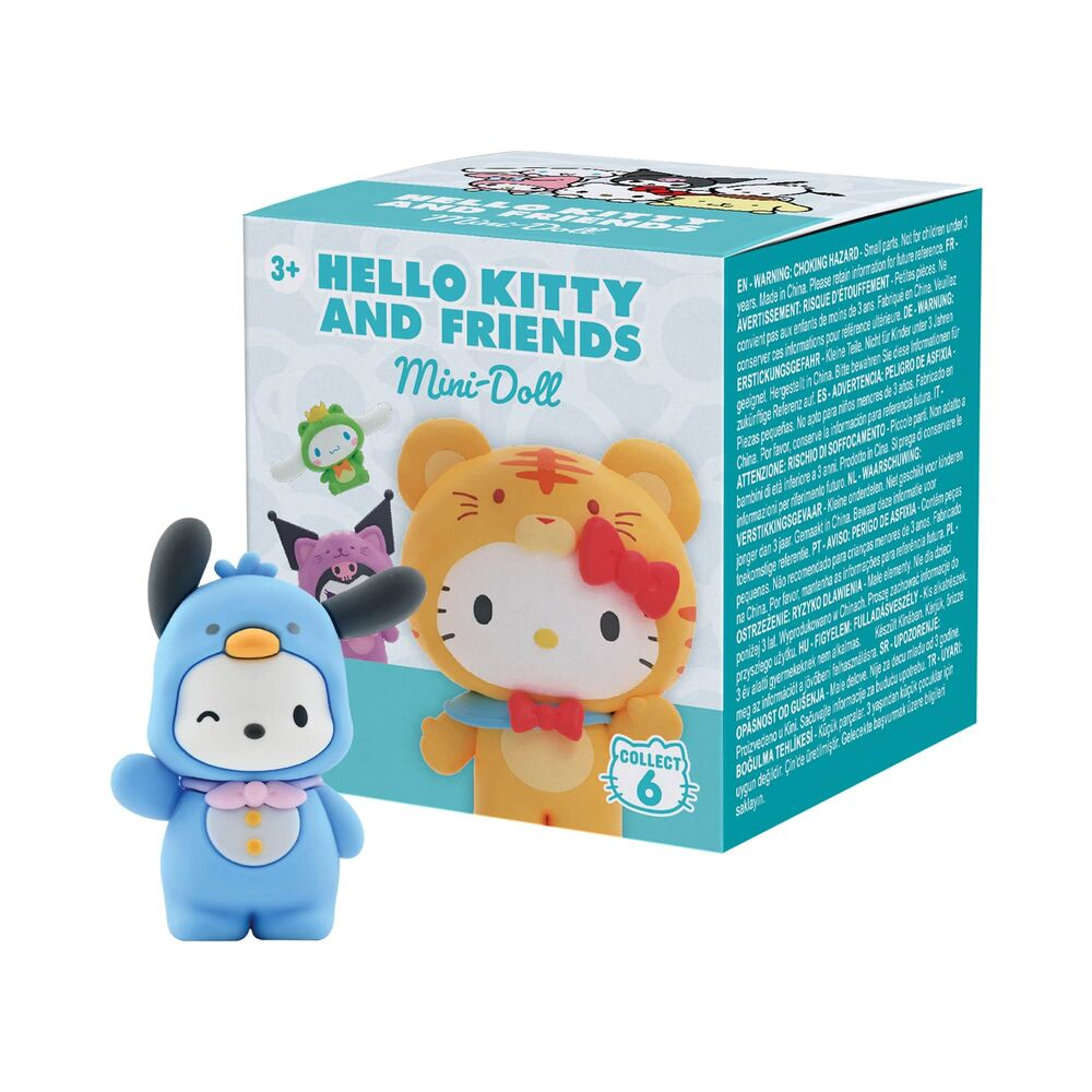 Minimuñeca Hello Kitty and Friends con disfraz de animal azul frente a un empaque de producto colorido.