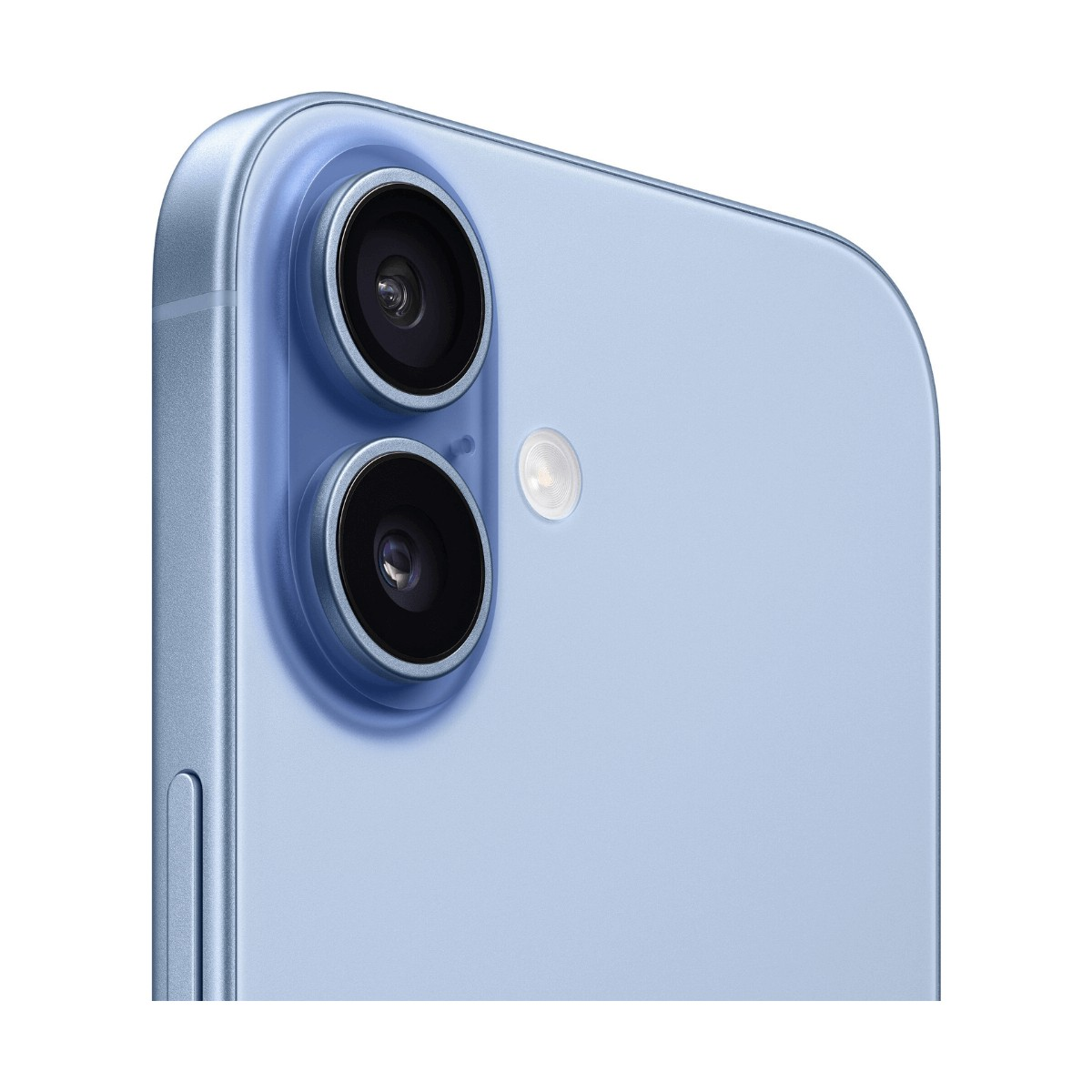 Retro di uno smartphone azzurro con modulo a doppia fotocamera verticale e flash.