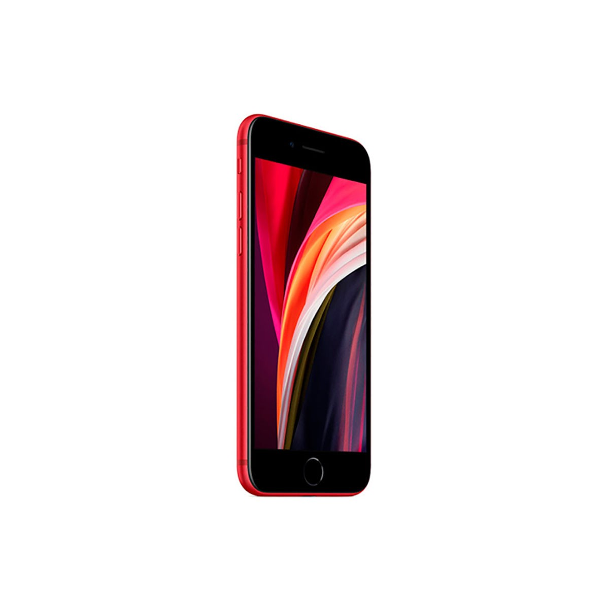 Un teléfono inteligente rojo vertical con un fondo de pantalla abstracto y un botón de inicio, aislado en blanco.