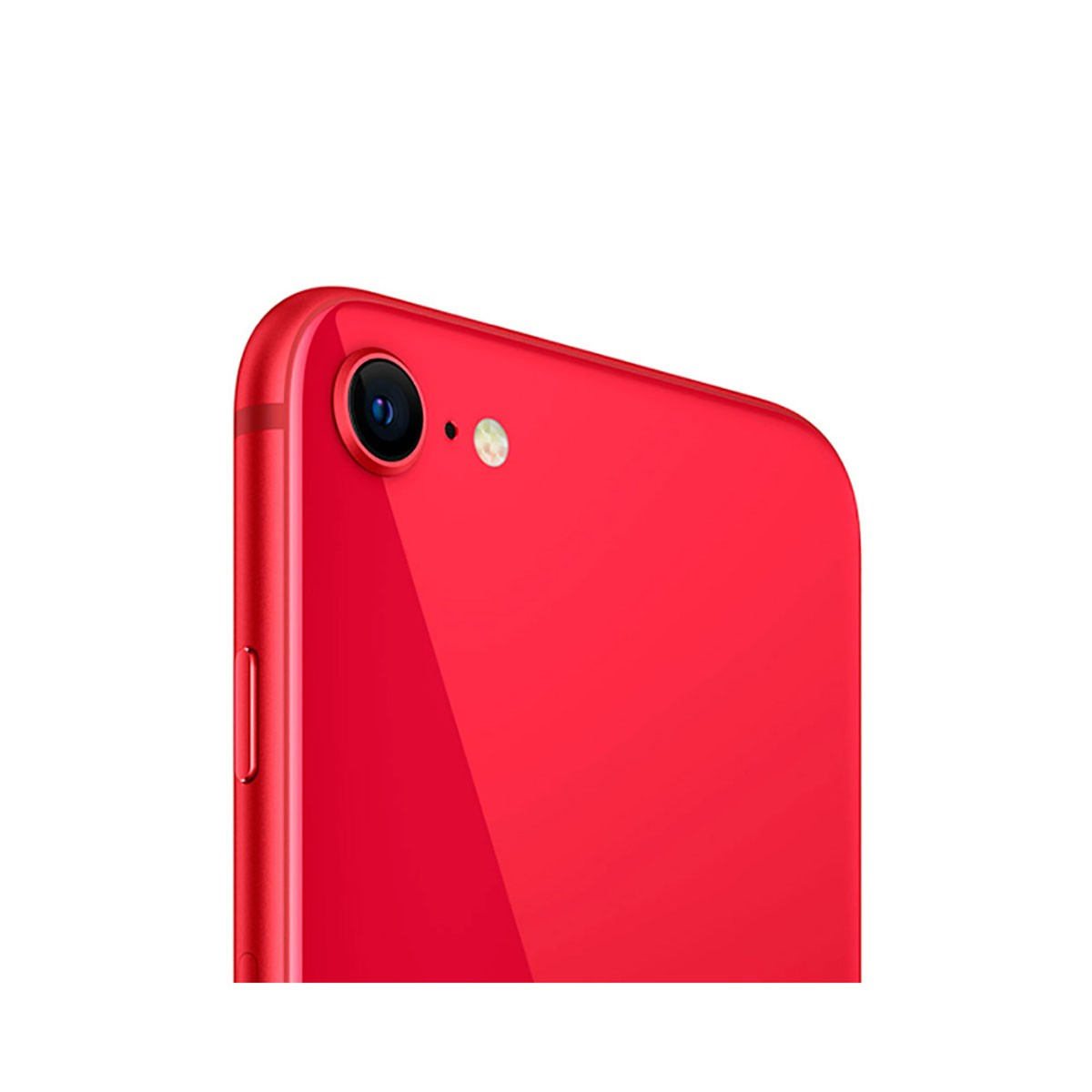 Retro di uno smartphone rosso con una singola fotocamera, flash e pulsante del volume su sfondo bianco.