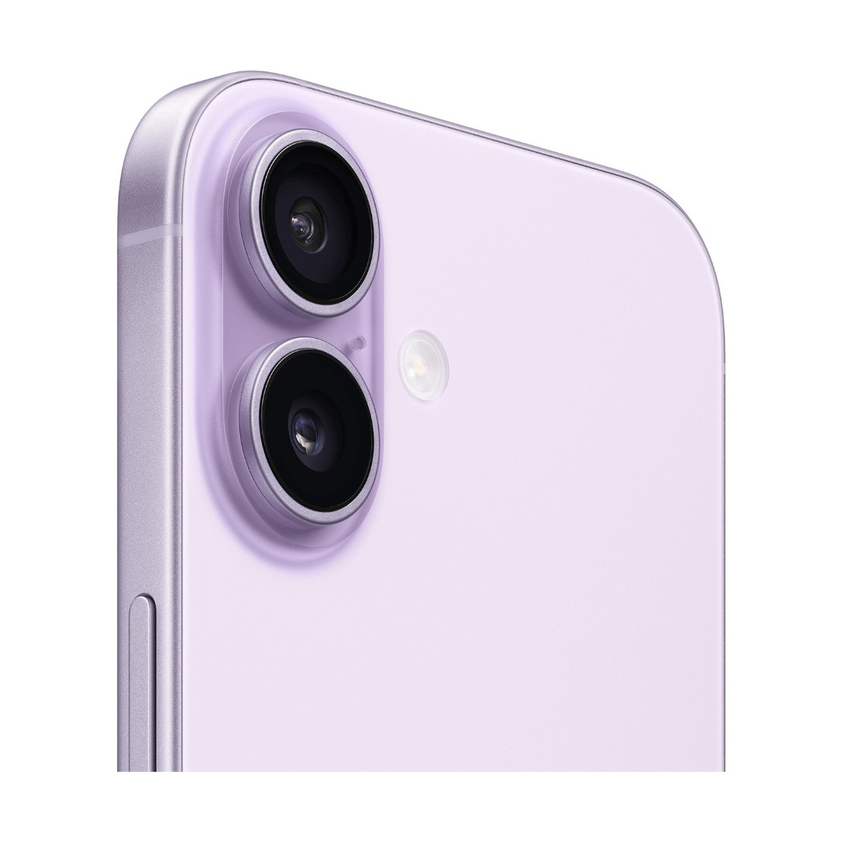 Primo piano del retro di uno smartphone viola chiaro con doppia fotocamera verticale e flash su sfondo bianco.
