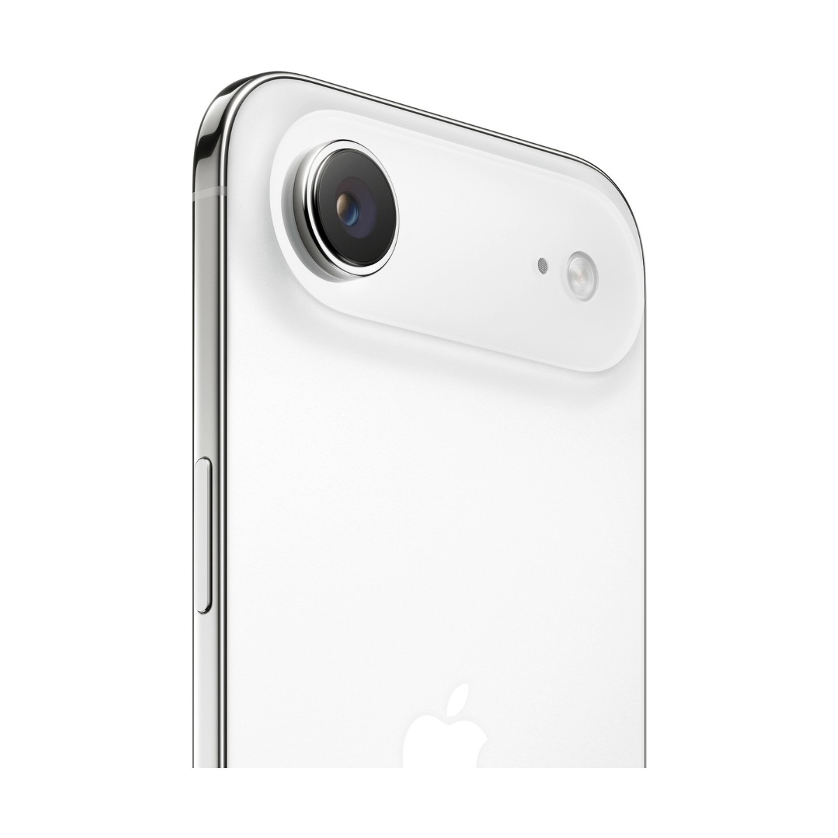 Primer plano de la parte trasera de un smartphone blanco, destacando la cámara, el flash y el logo.