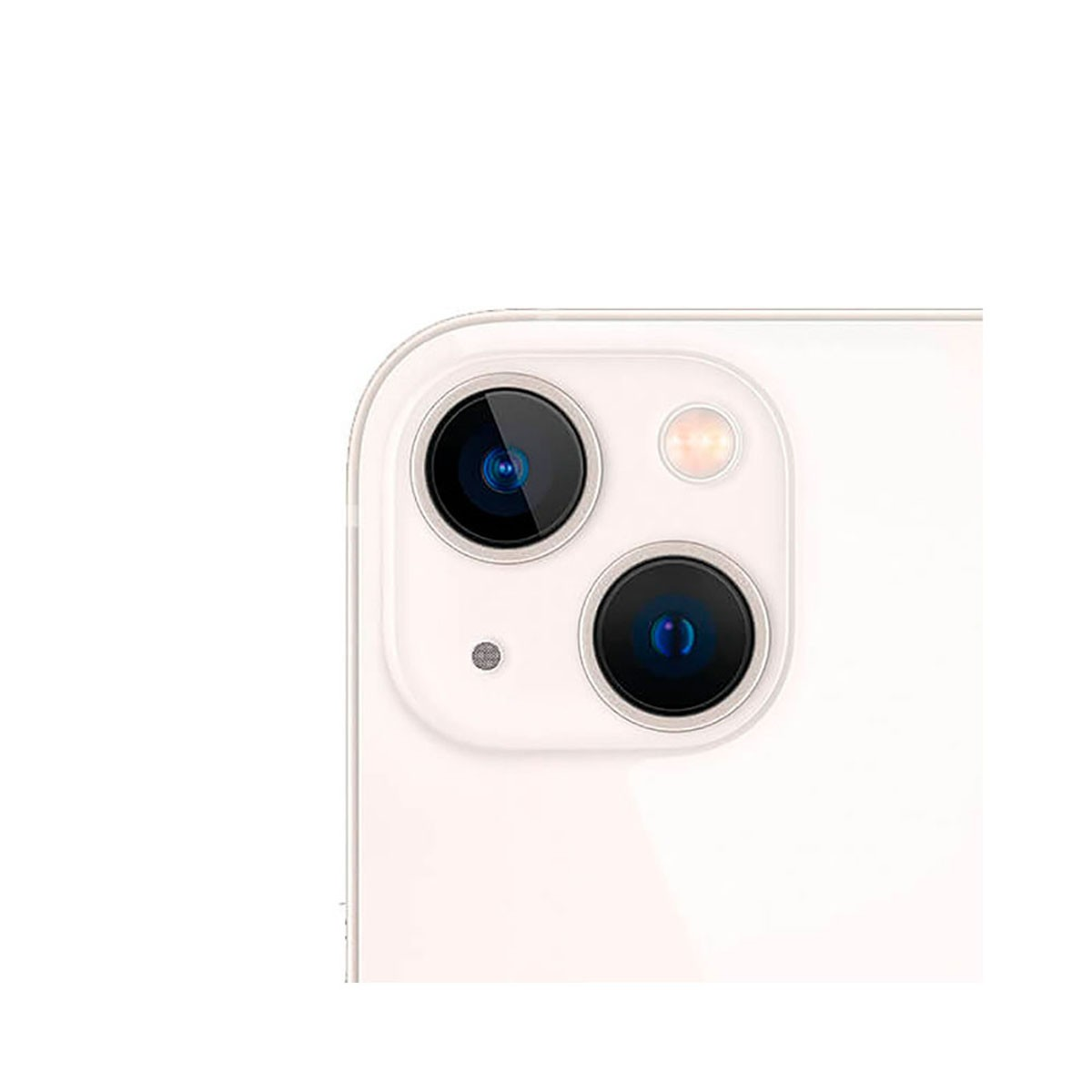 Primo piano del modulo a doppia fotocamera di uno smartphone bianco con obiettivi diagonali e flash su sfondo bianco.
