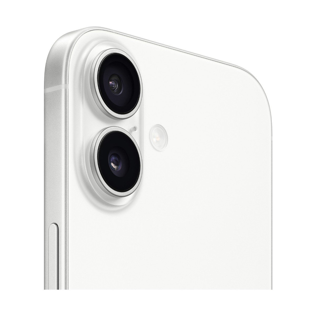 Primo piano del retro di uno smartphone bianco con doppia fotocamera verticale e flash.