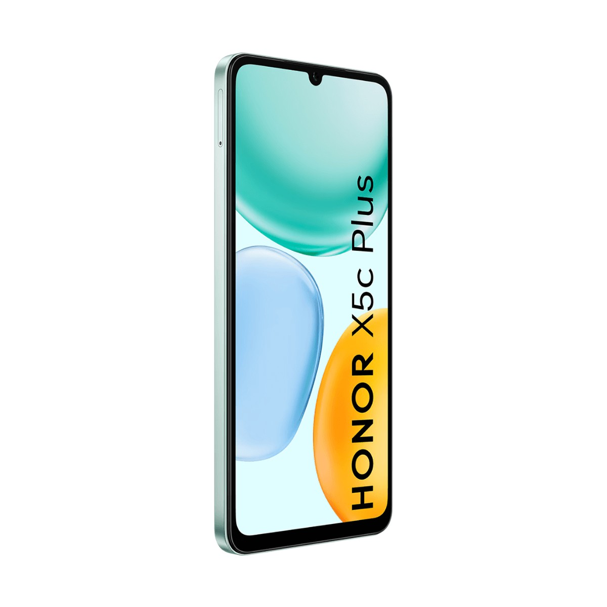 Uno smartphone Honor X5c Plus verde chiaro con schermo colorato su sfondo bianco.