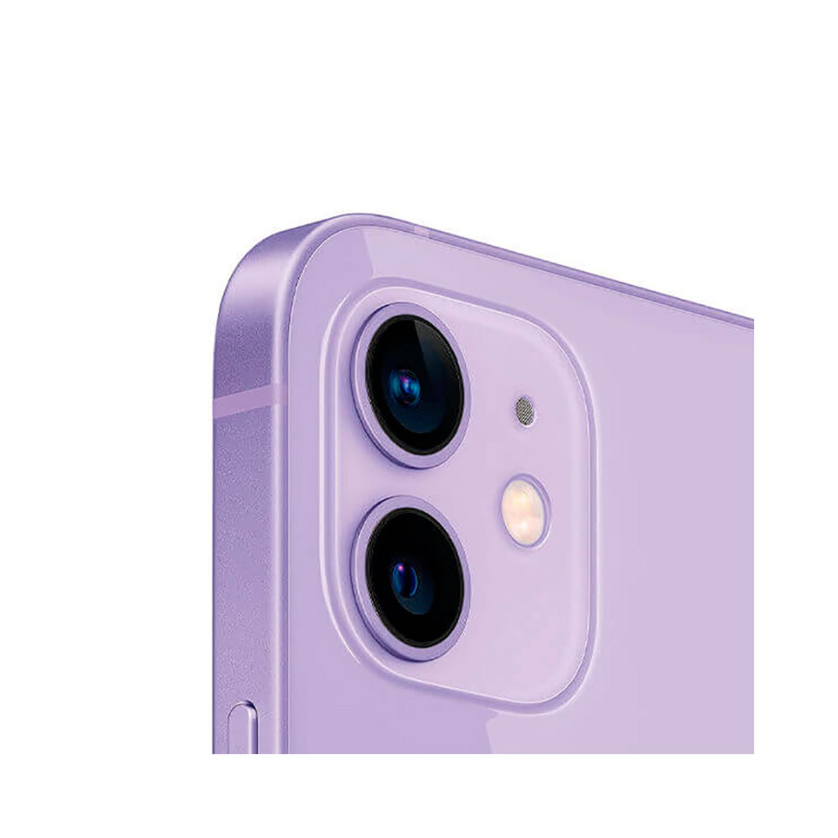 Primo piano del retro di uno smartphone viola con due obiettivi verticali e flash.