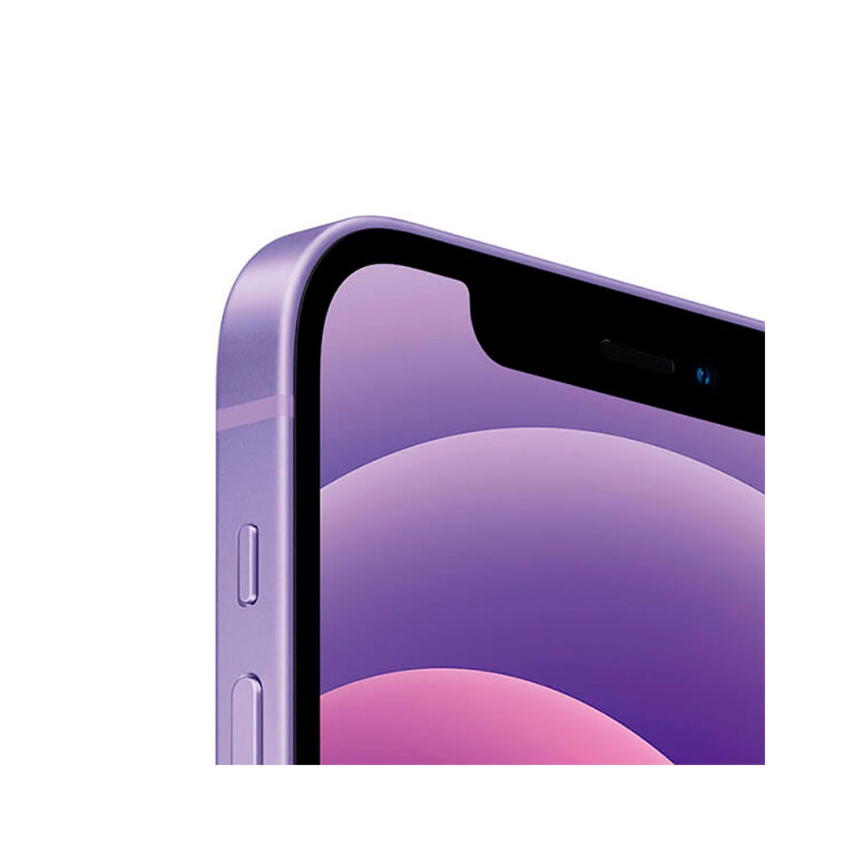 Primo piano dell'angolo di uno smartphone viola con tasti laterali e notch.
