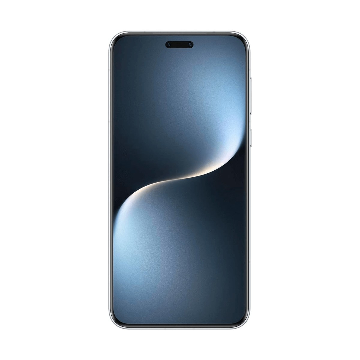 Uno smartphone con uno sfondo blu astratto che mostra un'onda luminosa curva sullo schermo.