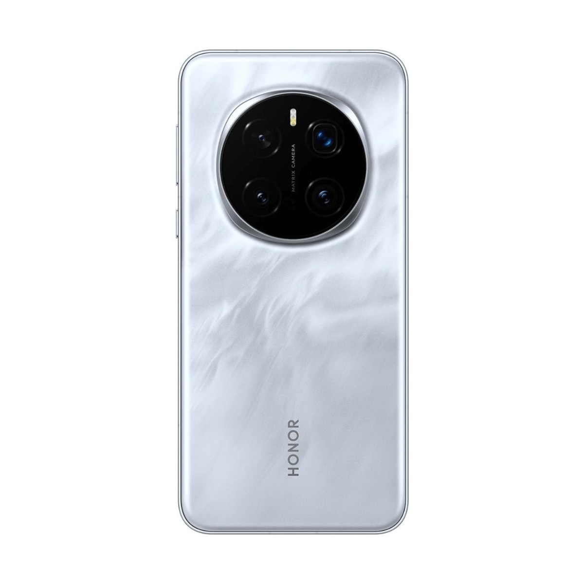 Retro di uno smartphone Honor argento con un grande modulo fotocamera circolare con quattro lenti e il logo Honor.