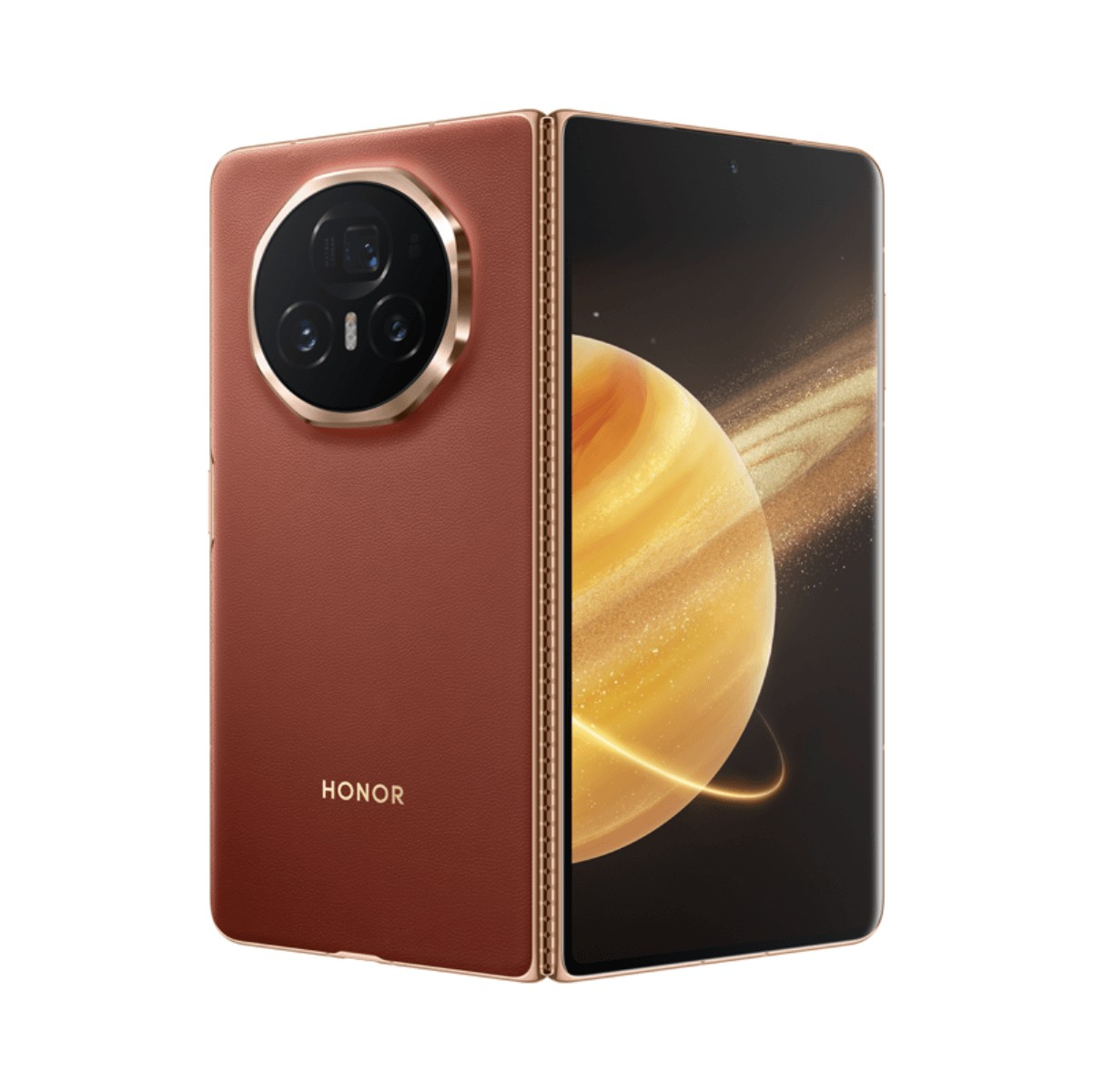 Uno smartphone Honor marrone aperto con modulo fotocamera circolare sul retro e schermo di Saturno.