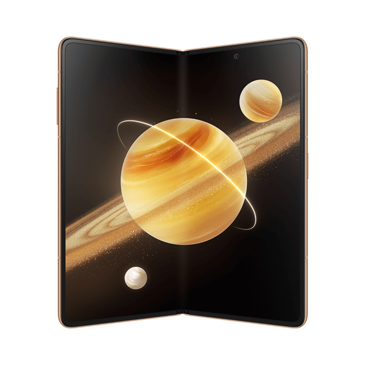 Uno smartphone pieghevole con schermo grande mostra un grande pianeta con anelli e due più piccoli.