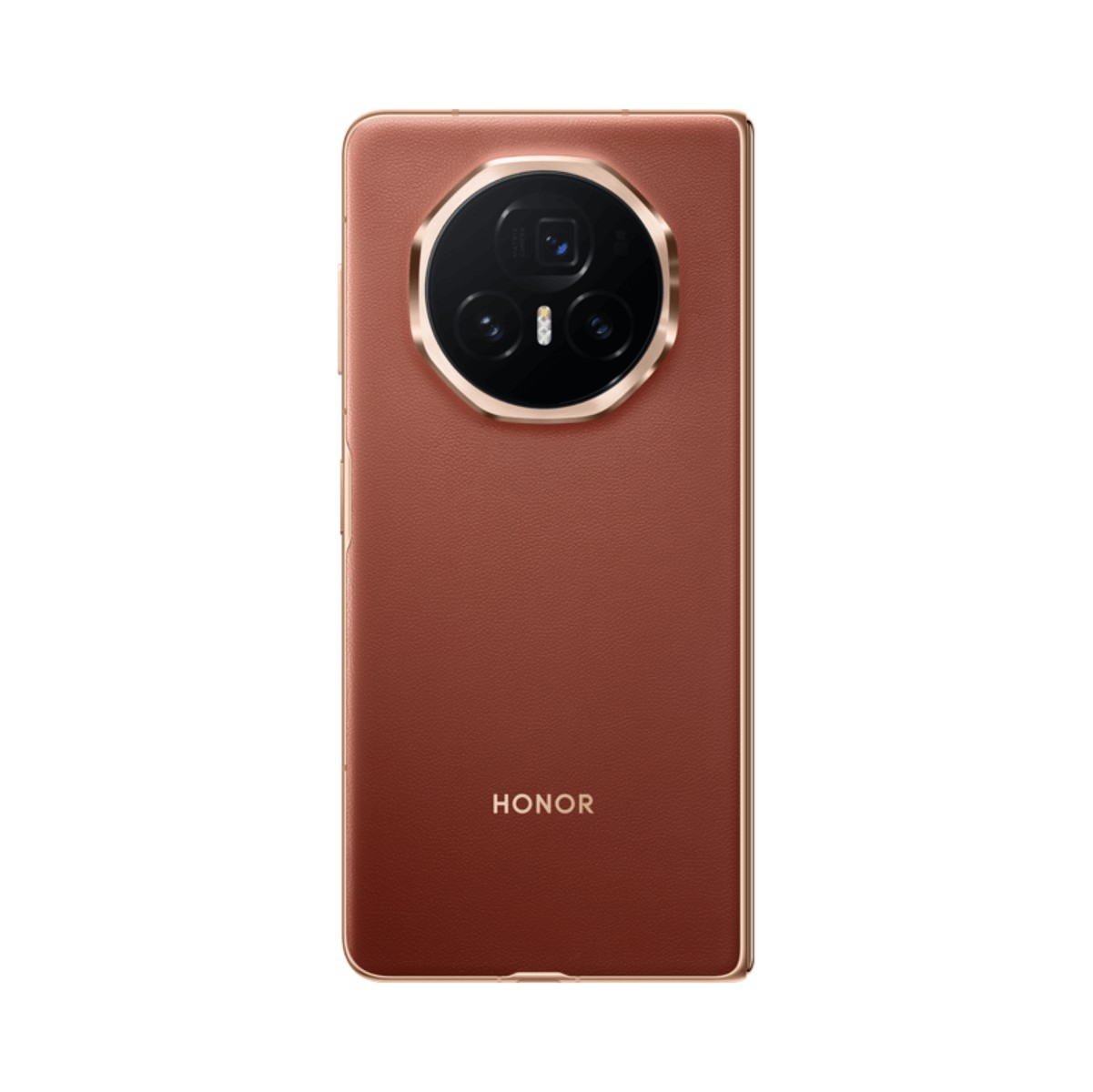 Retro di uno smartphone Honor marrone con un grande modulo fotocamera rotondo in alto e il logo Honor in basso.