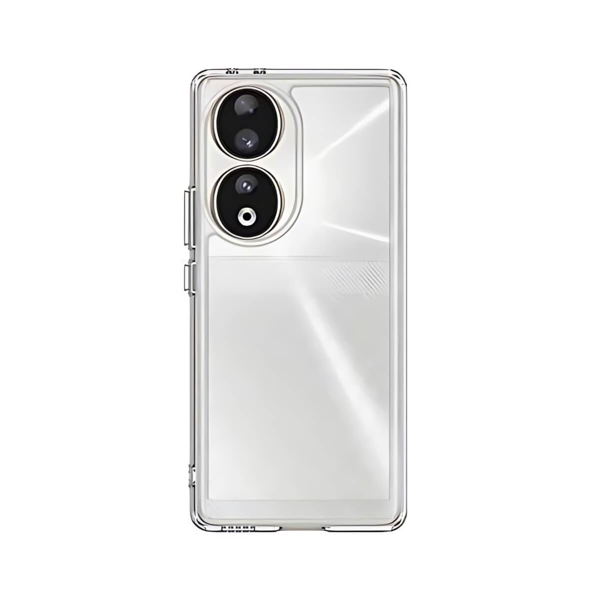 Uno smartphone in una custodia protettiva trasparente con un modulo fotocamera verticale a doppia lente.