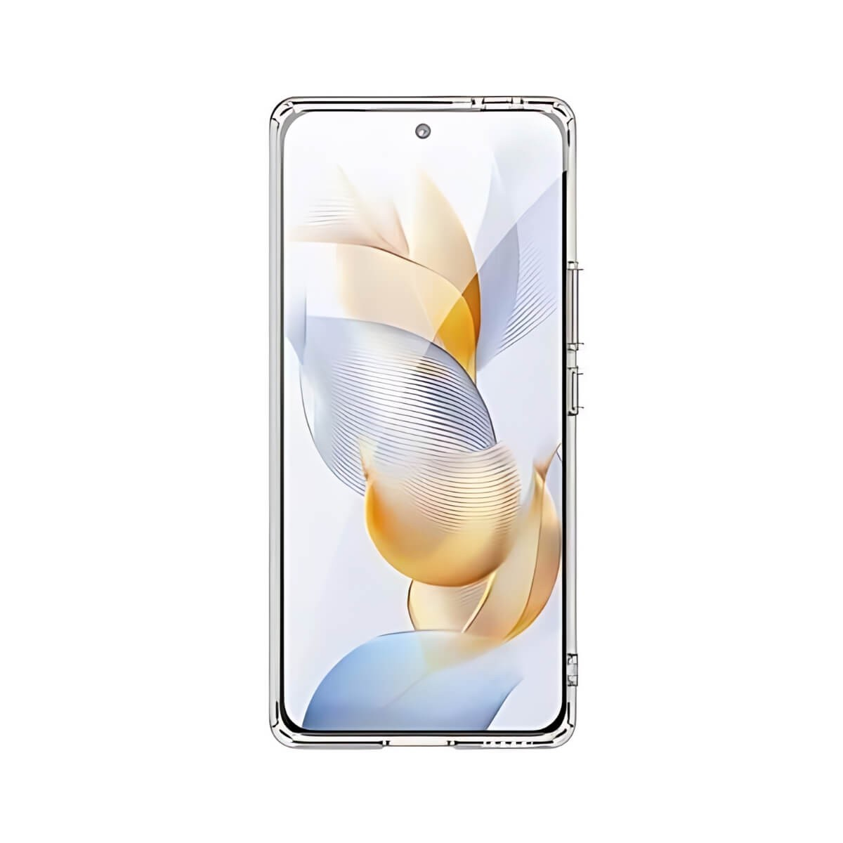 Uno smartphone in una custodia trasparente mostra uno sfondo colorato e ondulato.