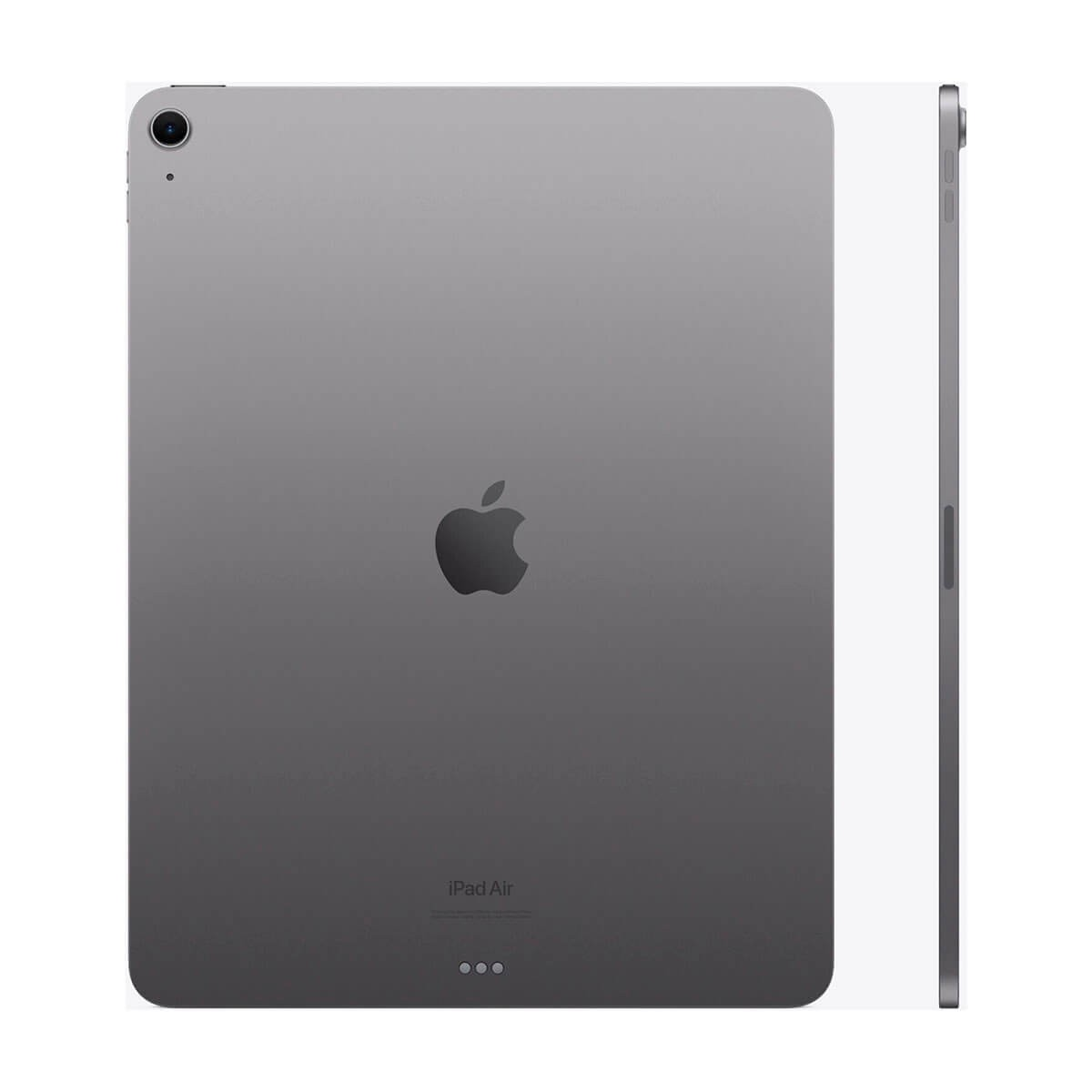 iPad Air grigio, vista posteriore con logo Apple e fotocamera, e vista laterale.