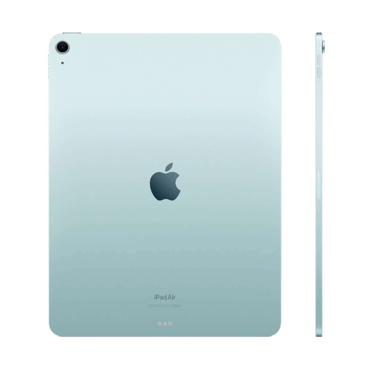 Achter- en zijaanzicht van een lichtblauwe iPad Air met Apple-logo en camera.