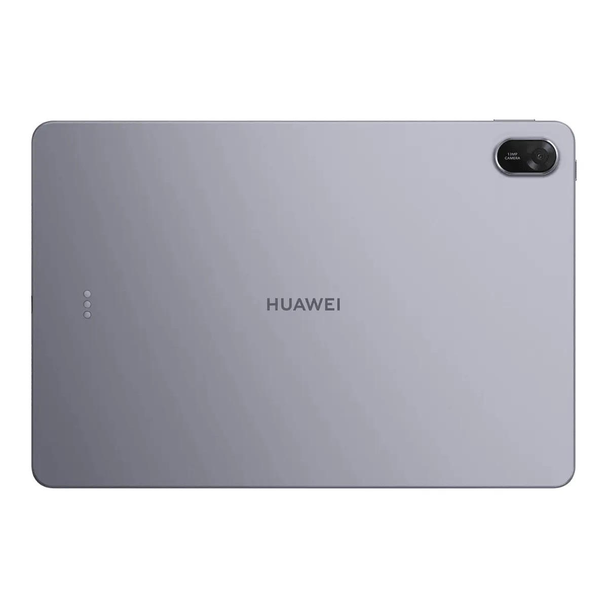 Retro di un tablet grigio Huawei con modulo fotocamera in alto a destra e logo al centro.