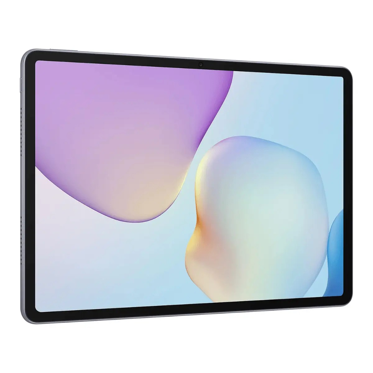 Un tablet con cornice scura mostra uno schermo con macchie di colore viola e blu.
