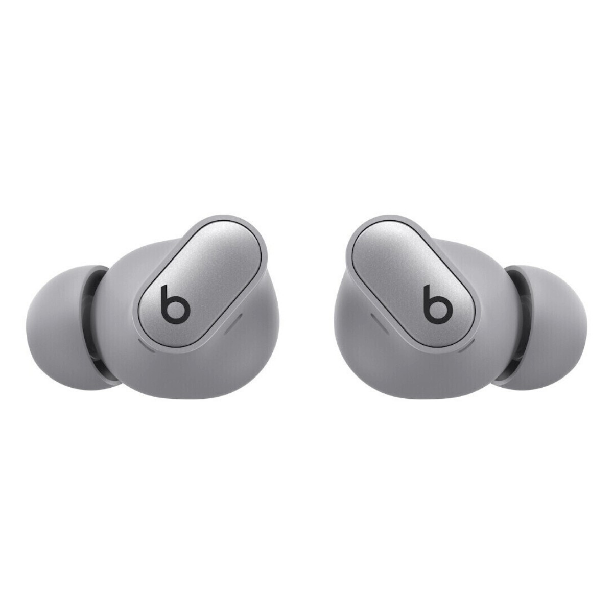 Auricolari wireless grigi Beats Studio Buds con logo b su sfondo bianco.