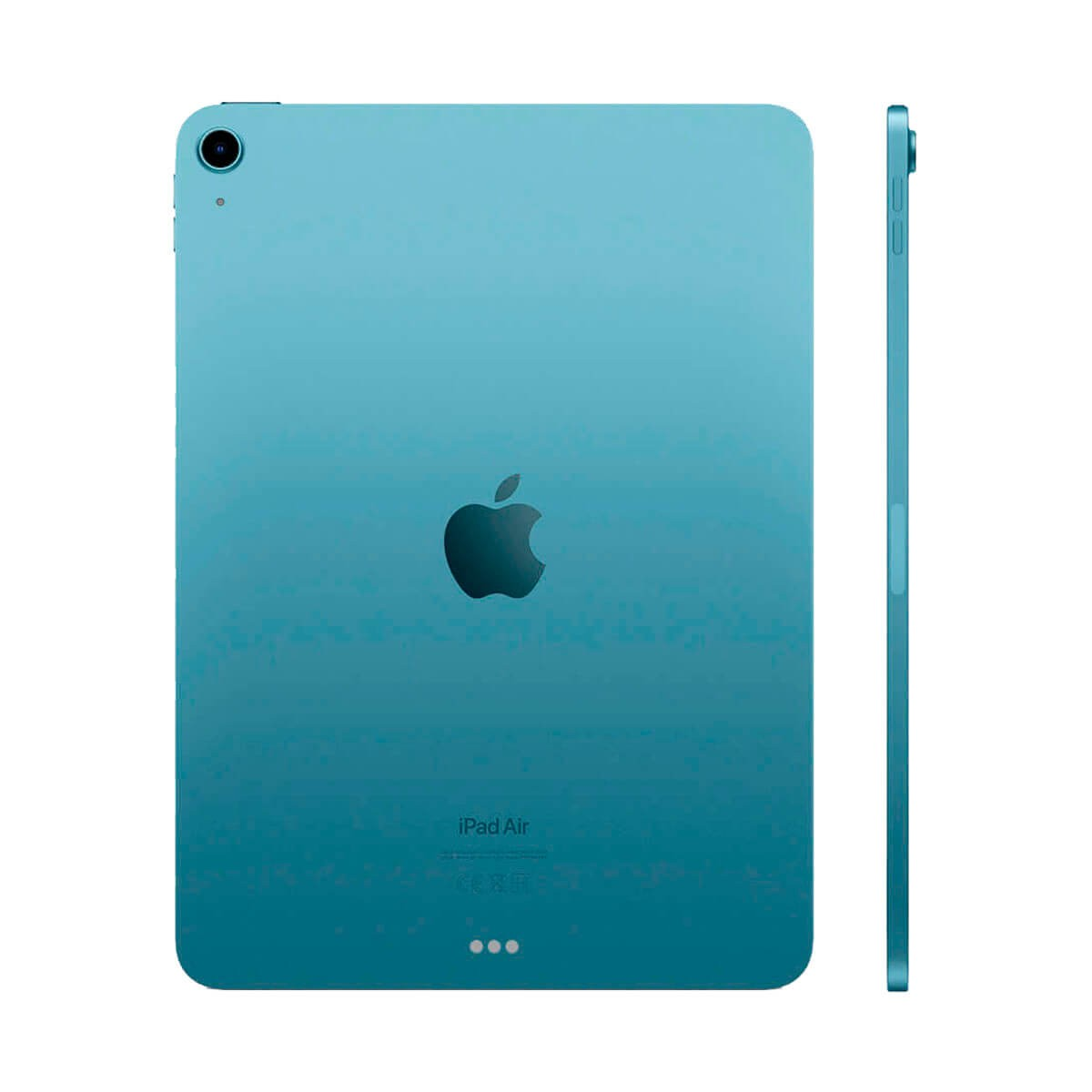 Vista posteriore dell'iPad Air blu di Apple con fotocamera e logo.