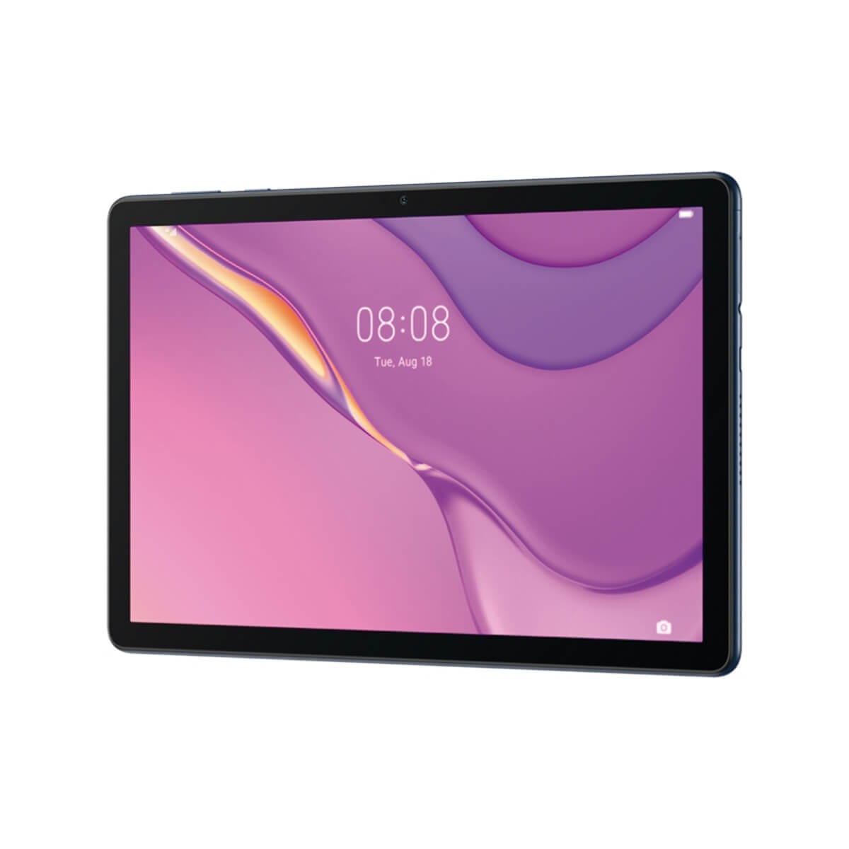Ein schwarzes Tablet zeigt ein lebendiges, violettes abstraktes Hintergrundbild mit der Uhrzeit 08:08.
