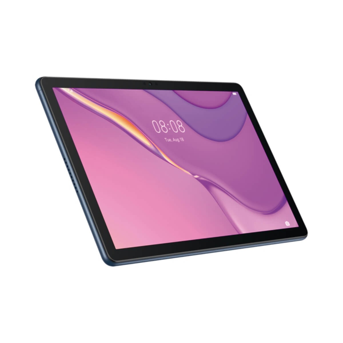 Ein blaues Tablet mit einem abstrakten pink-orangen Hintergrund und der Uhrzeit 08:08 auf dem Bildschirm.