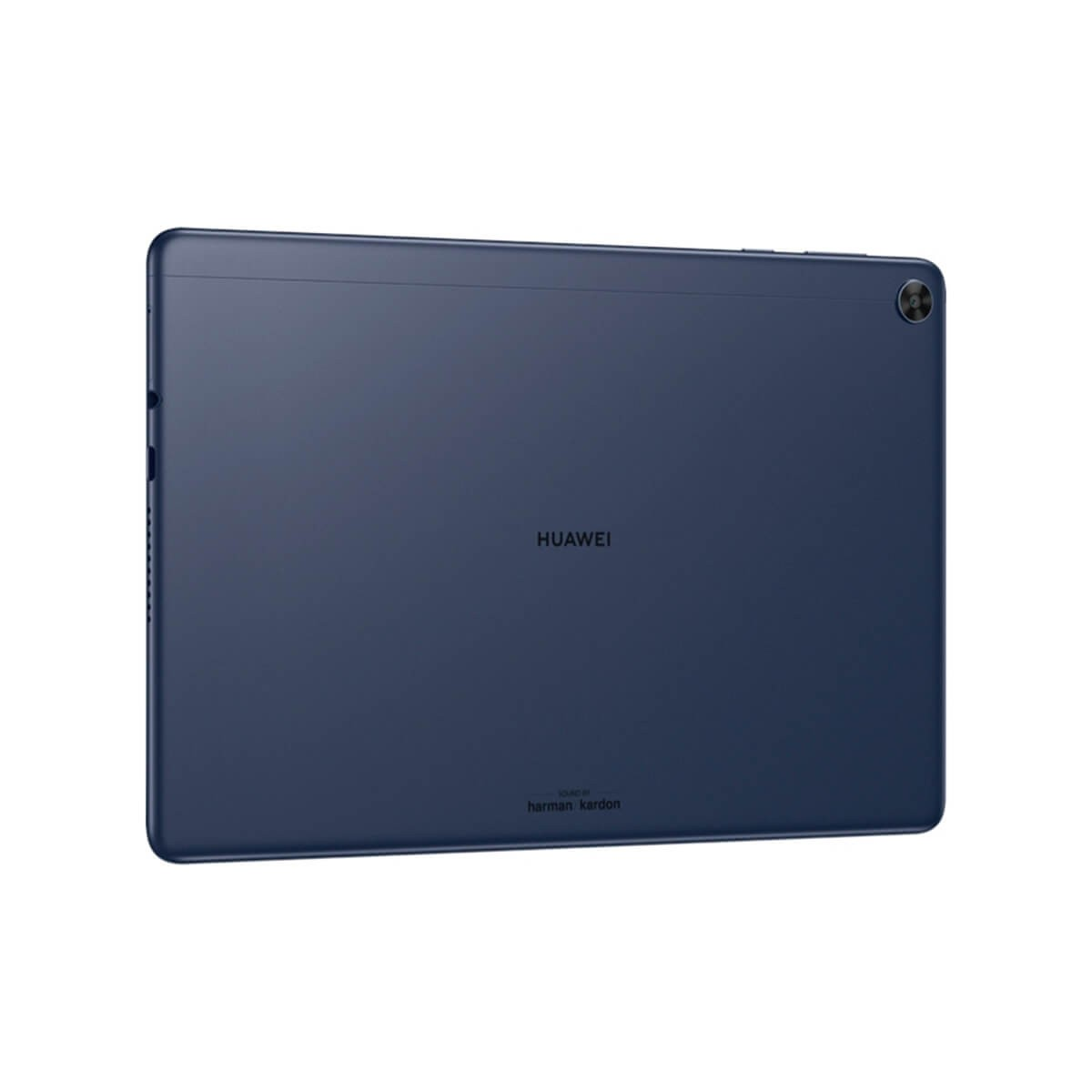 Rückansicht eines dunkelblauen Huawei-Tablets mit Kameralinse in der Ecke und Harman Kardon-Logo.