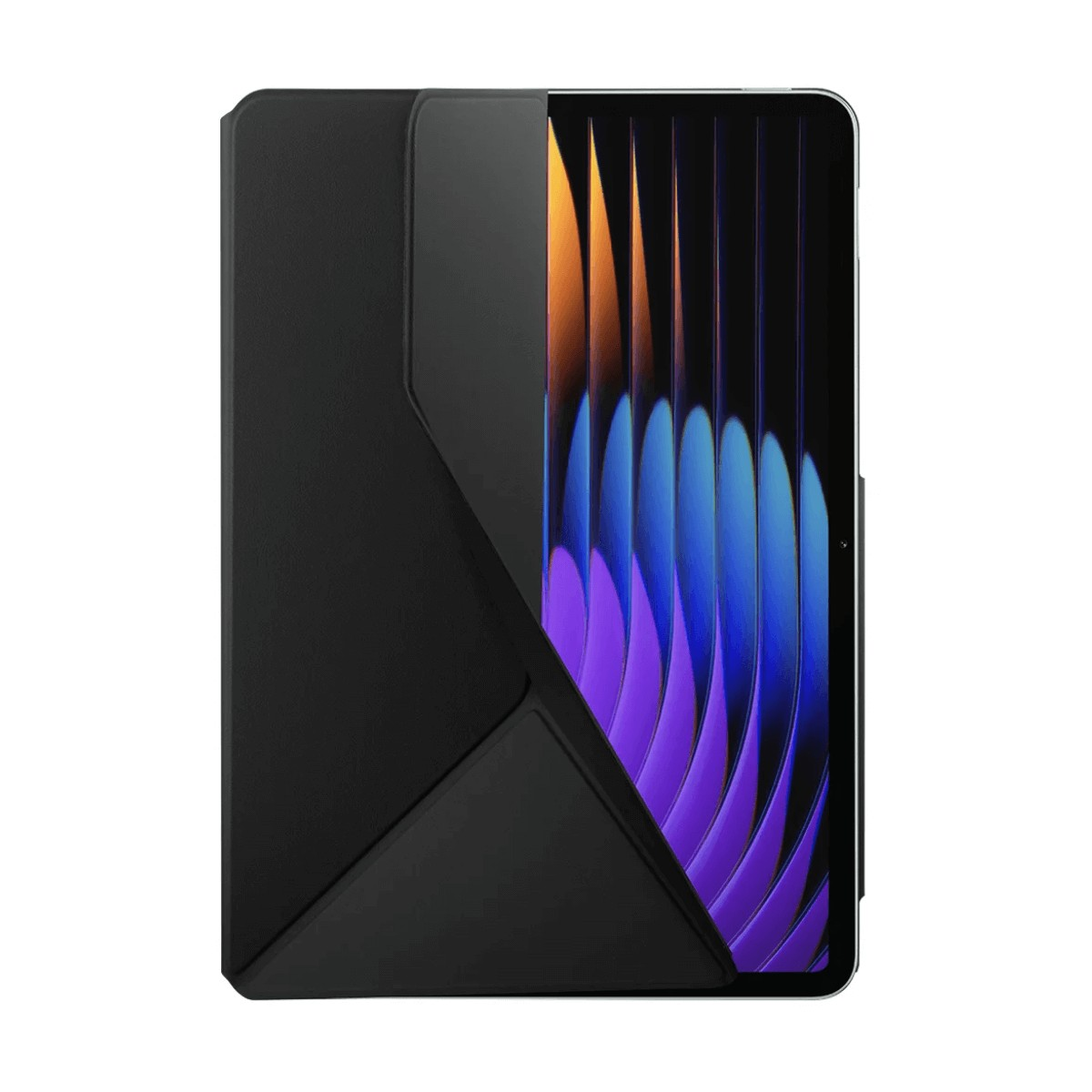 Un tablet in una custodia protettiva nera mostra uno schermo colorato.