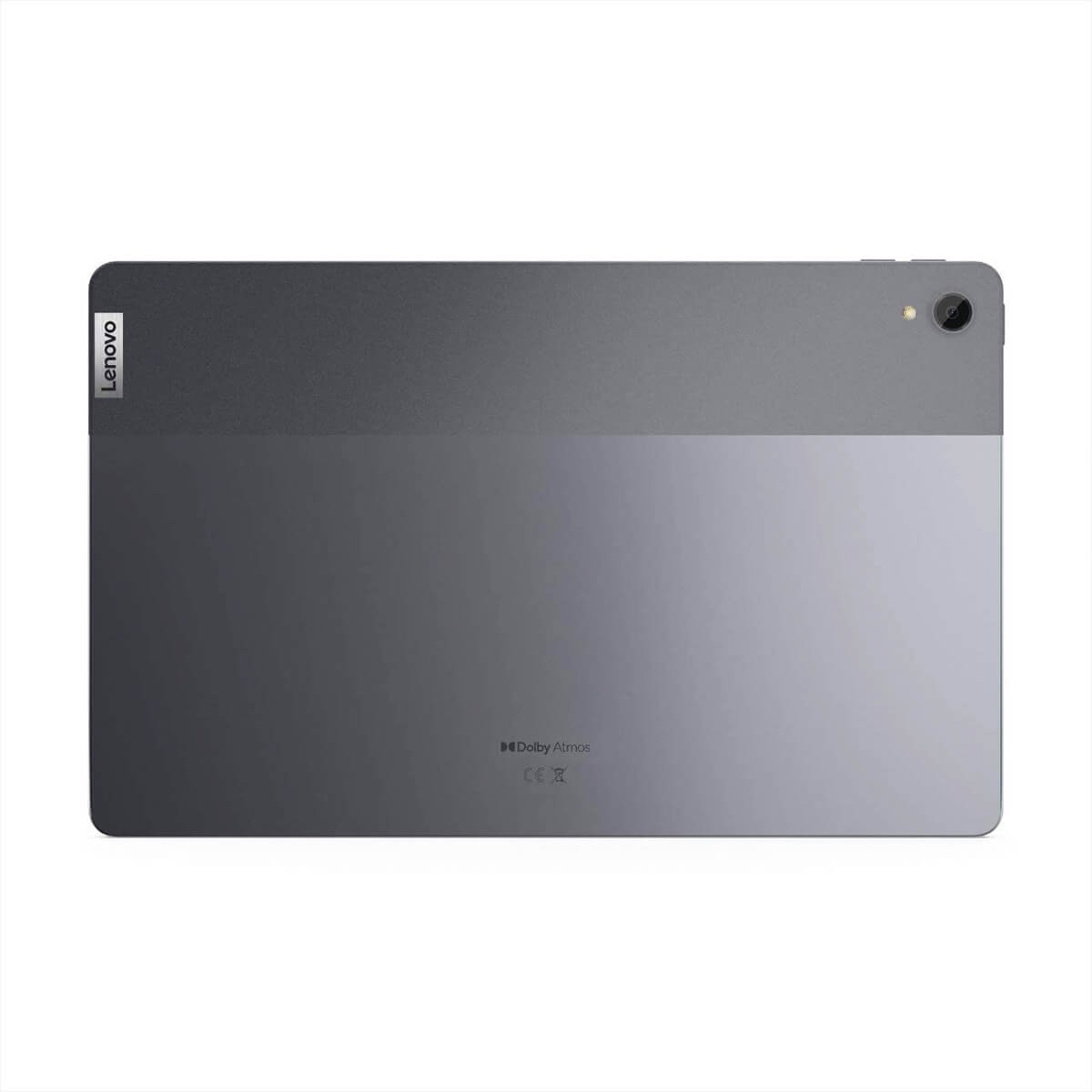 Die graue Rückseite eines Lenovo-Tablets mit Kamera und Logos.