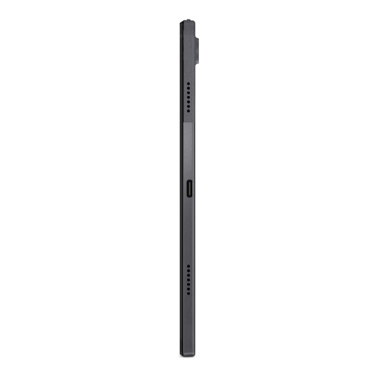 Seitenansicht eines schlanken, grauen Tablets mit USB-C-Anschluss und Lautsprechern.