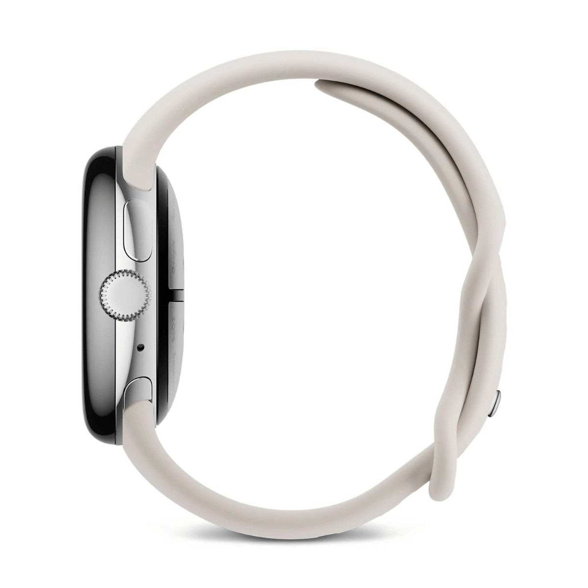 Uno smartwatch con cassa argentata e cinturino in silicone beige è mostrato di lato su sfondo bianco.