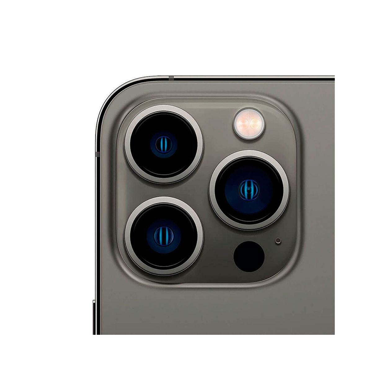 Primo piano della parte posteriore dello smartphone grigio con tre obiettivi fotografici, flash e sensori.
