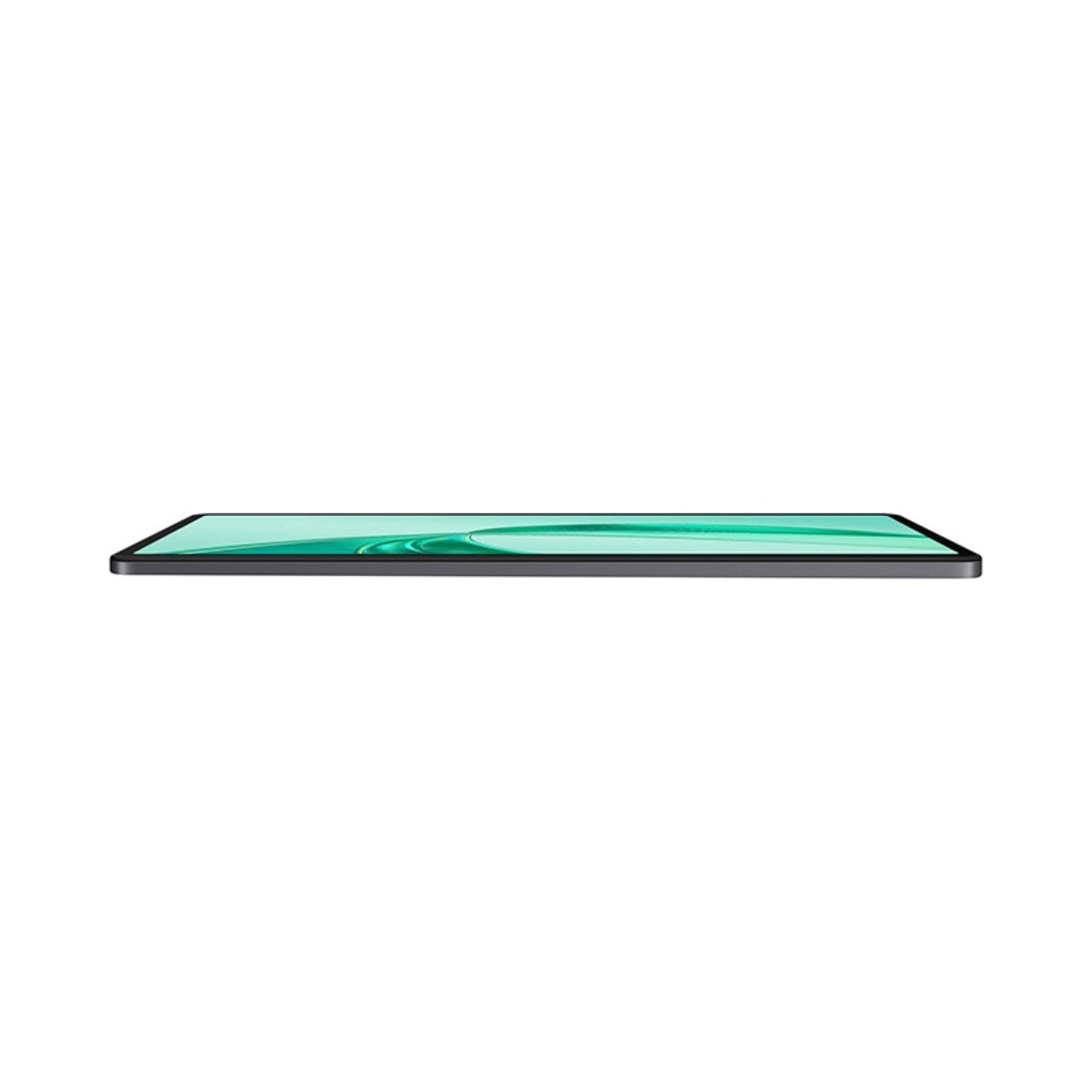 Vista laterale di un tablet grigio scuro sottile con schermo verde brillante e design astratto.