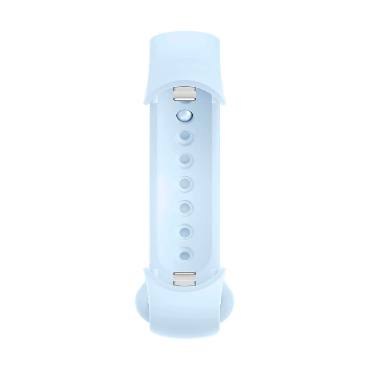 Un cinturino per orologio in silicone azzurro con una fila di fori di regolazione e due chiusure argentate su sfondo bianco.