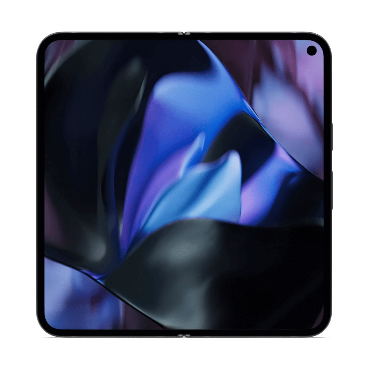 Un smartphone carré déplié affichant un fond d'écran abstrait bleu et noir sur son écran.