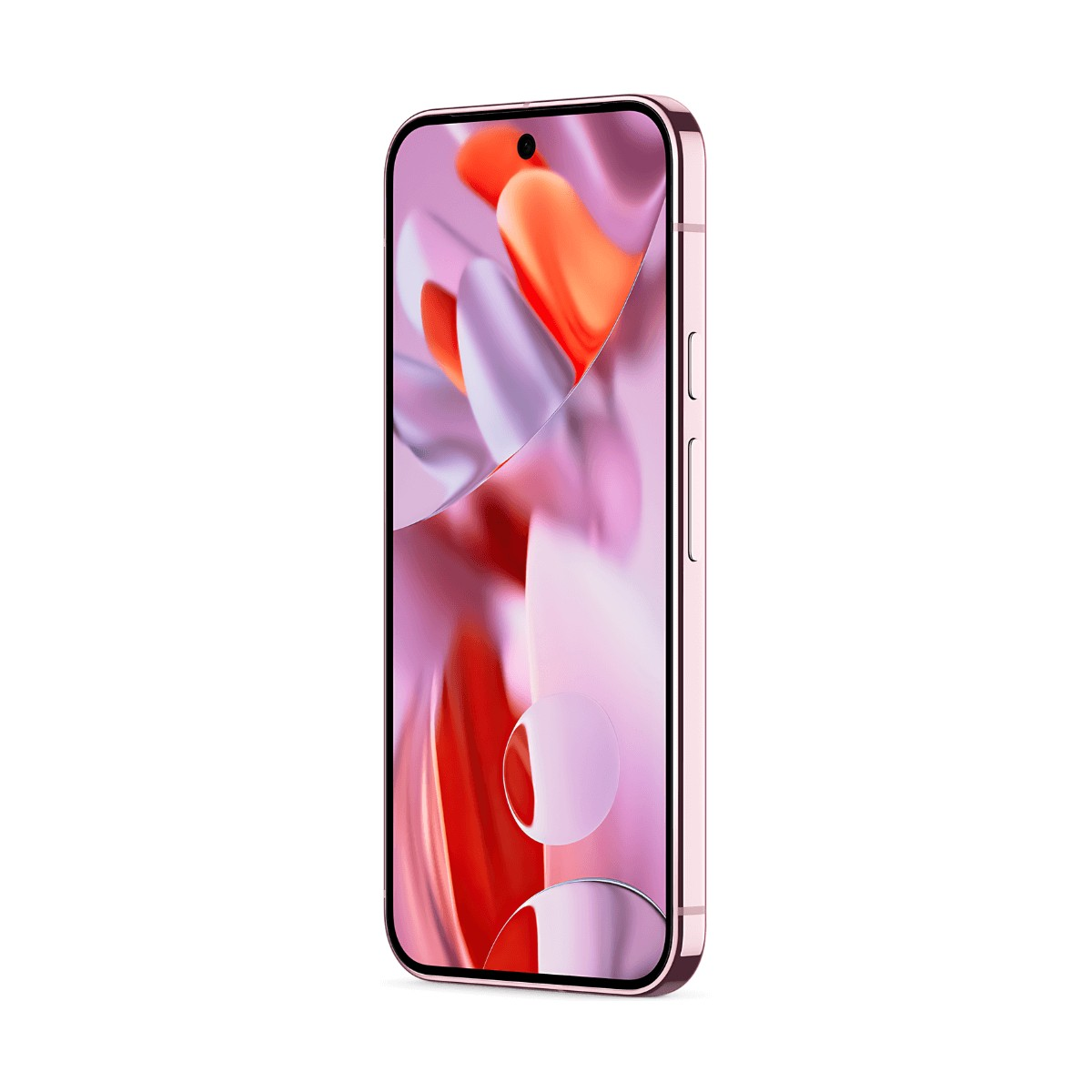 Ein rosafarbenes Smartphone mit bunten, fließenden Formen auf dem Display.