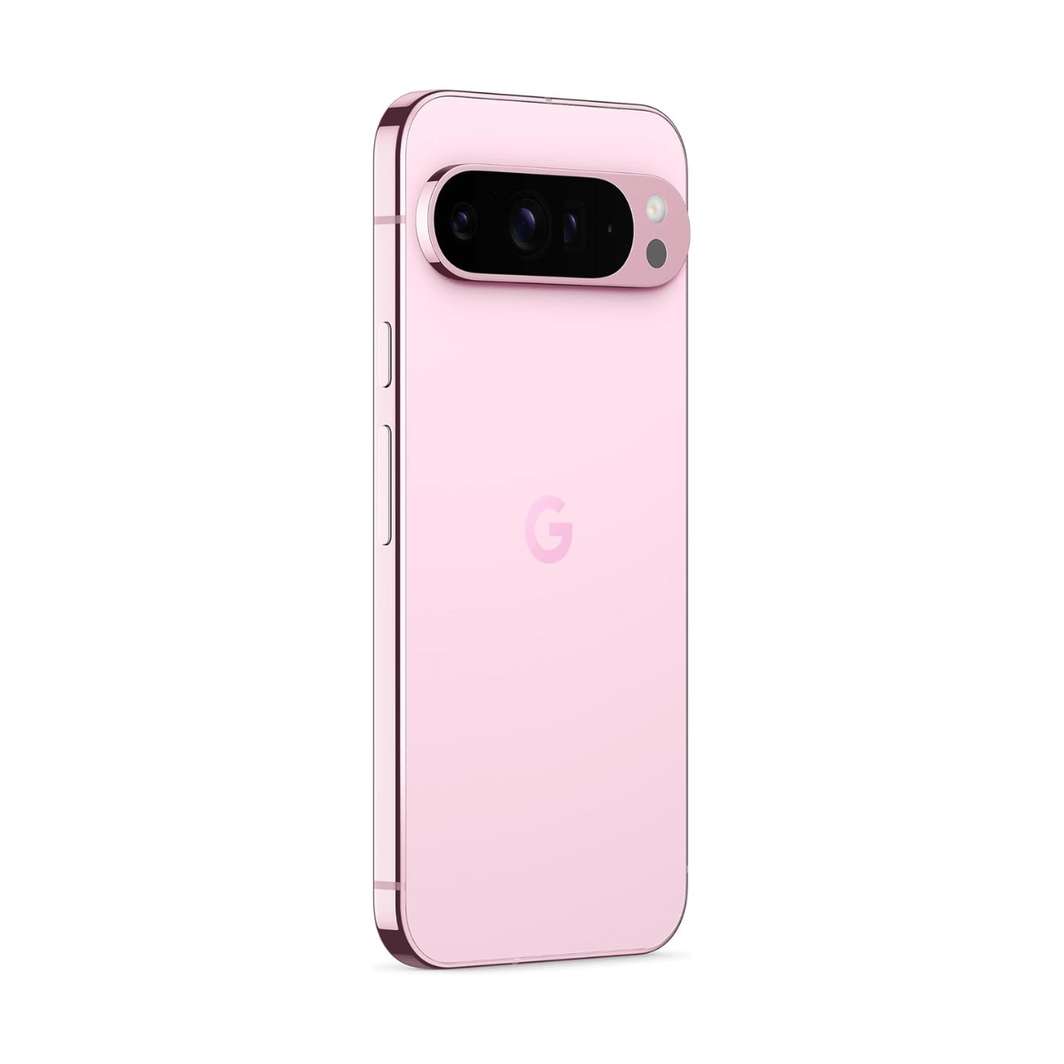 Rückseite eines rosafarbenen Smartphones mit einer horizontalen Kameraleiste und dem Google-Logo in der Mitte.