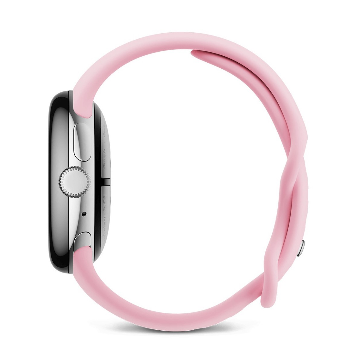 Uno smartwatch con cassa argentata e cinturino in silicone rosa, visto di lato su sfondo bianco.