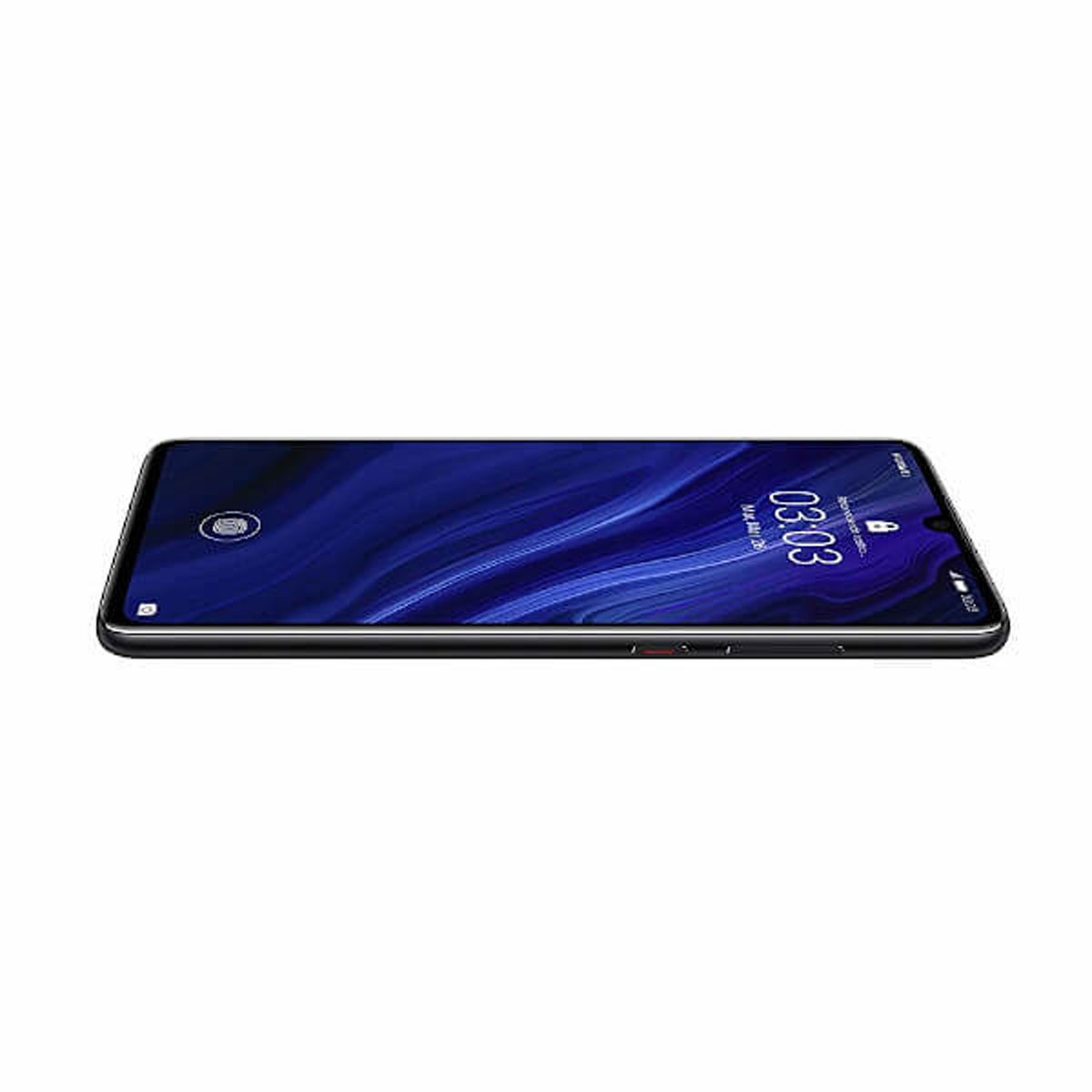 Czarny smartfon leży płasko z niebieskim wyświetlaczem na białym tle.