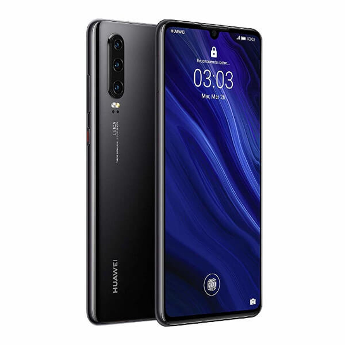 Dwa czarne smartfony Huawei, jeden pokazuje ekran, drugi tył z trzema aparatami.