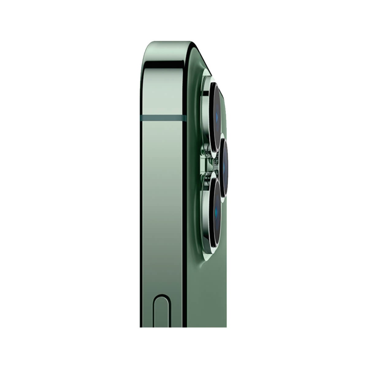 Vista laterale di uno smartphone verde che mostra la sua fotocamera a triplo obiettivo.